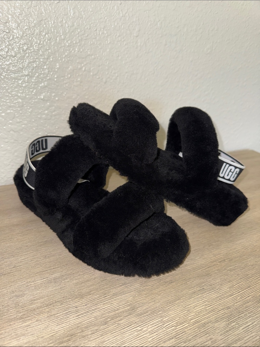UGG Oh Yeah Black Plush Slide Sandals with Branded Heel Strap